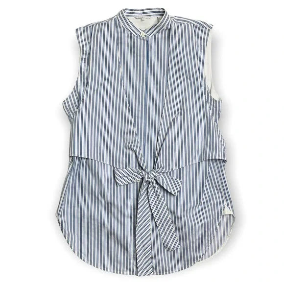 Helmut Lang Blue Striped Sleeveless Tie-Front Cotton Poplin Shirt Size Medium - Picture 5 of 13